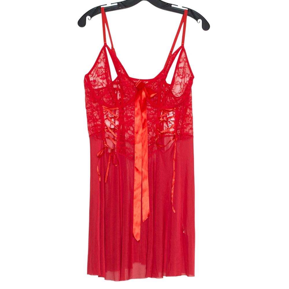 Dress Lingerie Lace Sheer Floral Romantic Babydoll Feminine Coquette Red 1XL